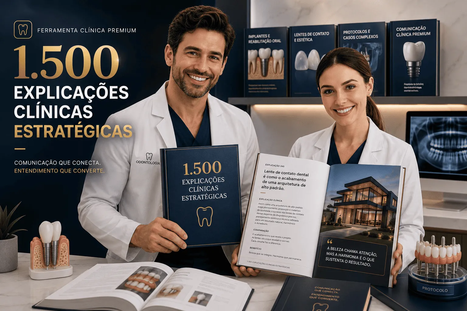 Dentista premium apresentando planejamento clínico em tablet